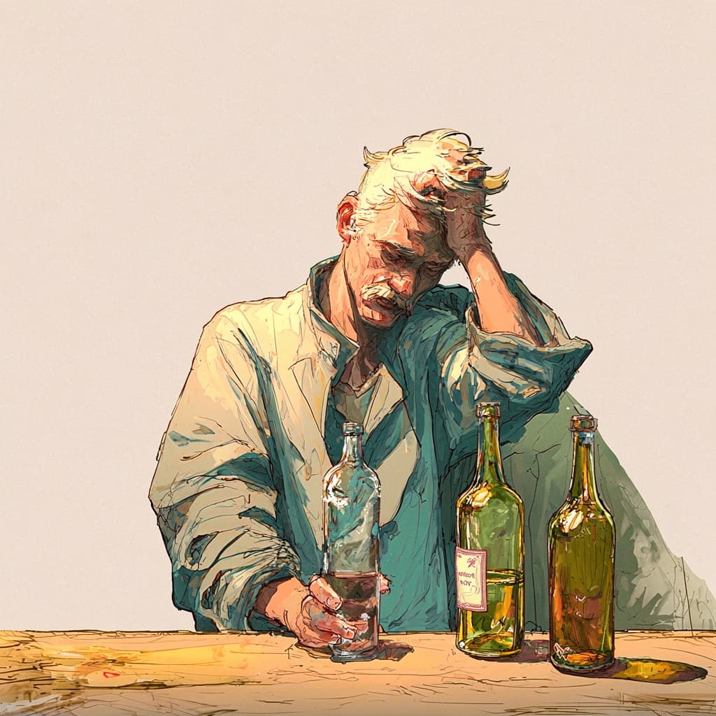 Man sitting at a table looking distressed with bottles, artistic illustration style