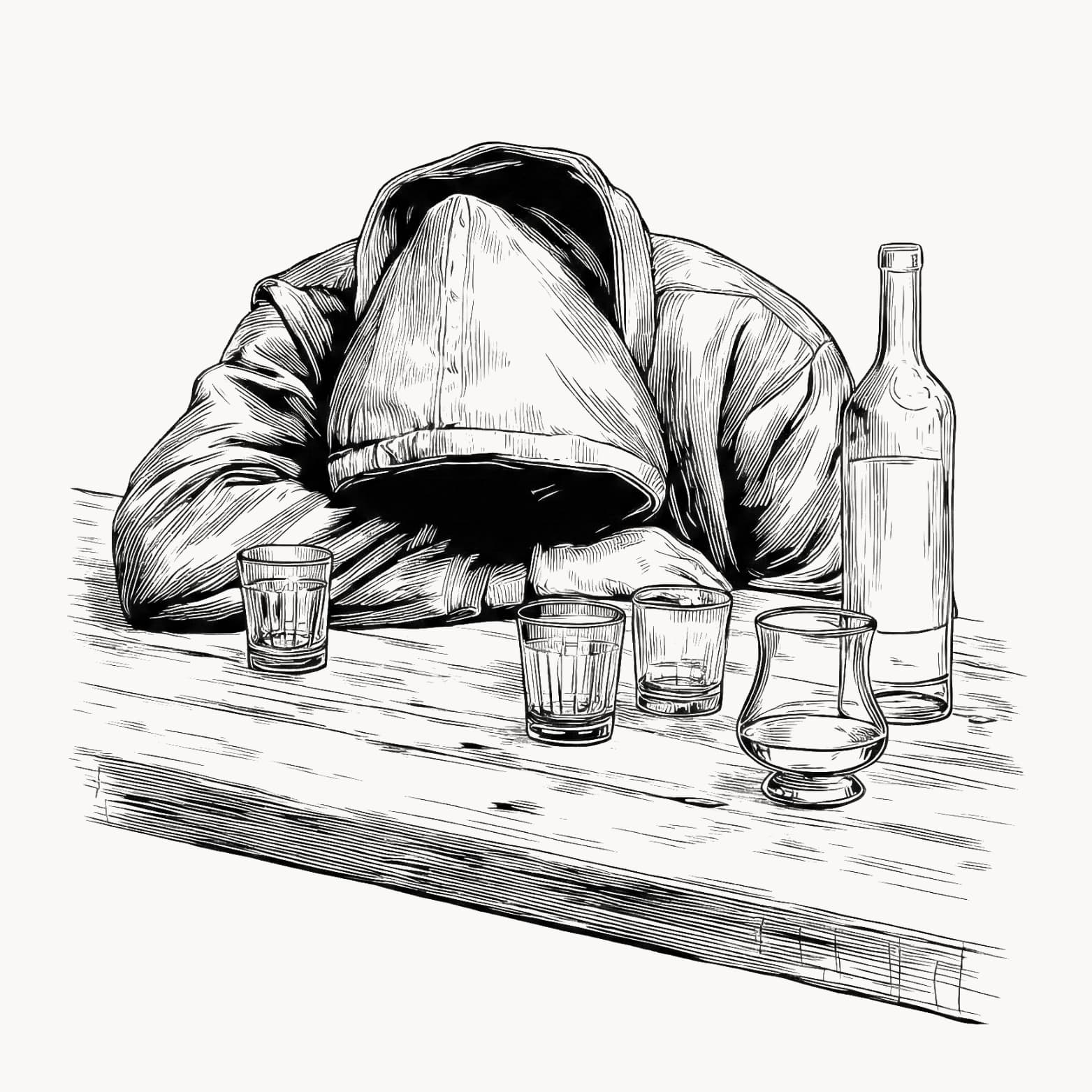 Sketch illustration of a person hiding face on table with bottles